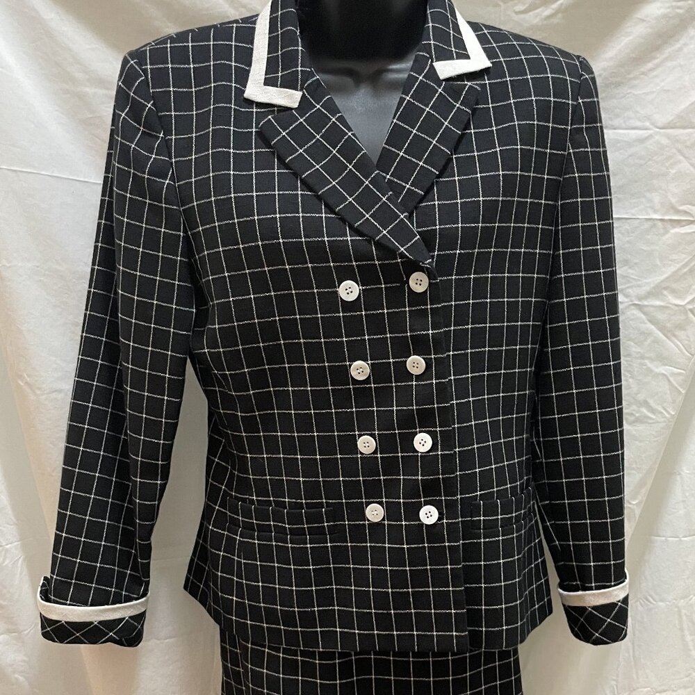 Black White Windowpane Plaid Skirt Suit Set Power Suit